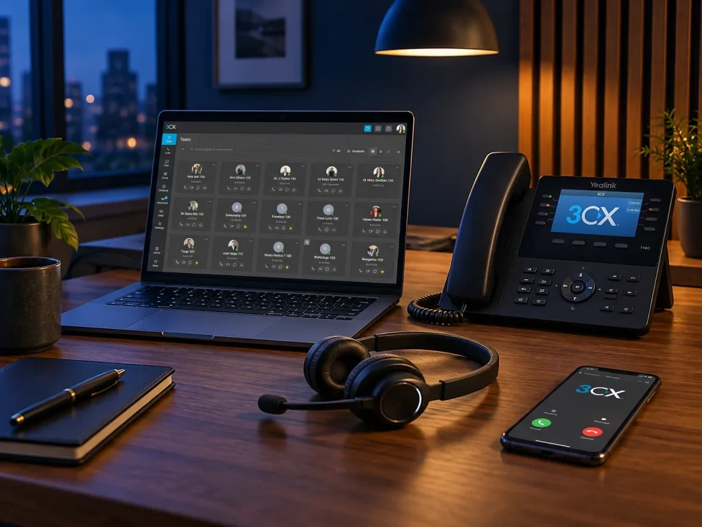 Poste de travail en téléphonie IP : téléphone Yealink, casque et client 3CX sur ordinateur portable