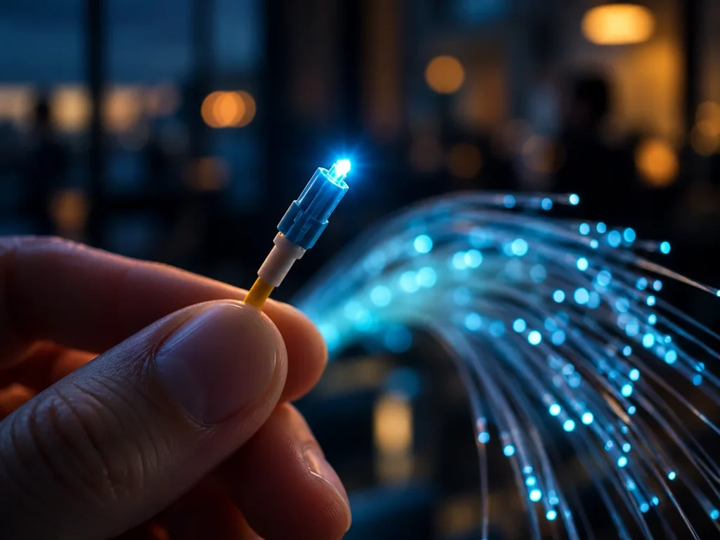Fibres optiques lumineuses tenues en main, illustration de la fibre pour entreprise